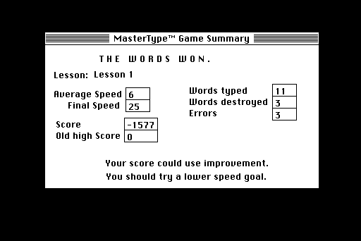MasterType (Macintosh) screenshot: Summary - this did not turn out well