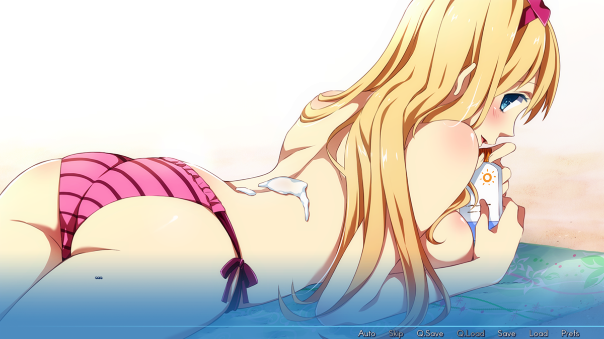 Sakura Beach (Windows) screenshot: We go to the Beach and Momoko asks me to put lotion on her back