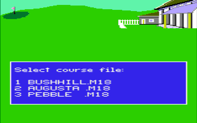 Mean 18 (DOS) screenshot: Select course file with Famous Course Disk Vol.I (CGA with Composite)