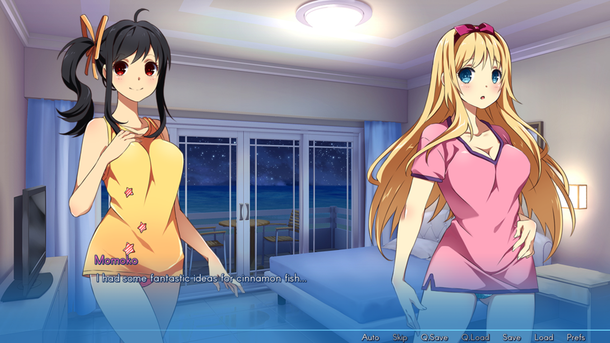 Sakura Beach (Windows) screenshot: The girls want to cook dinner for me, too bad Momoko is a terrible cook
