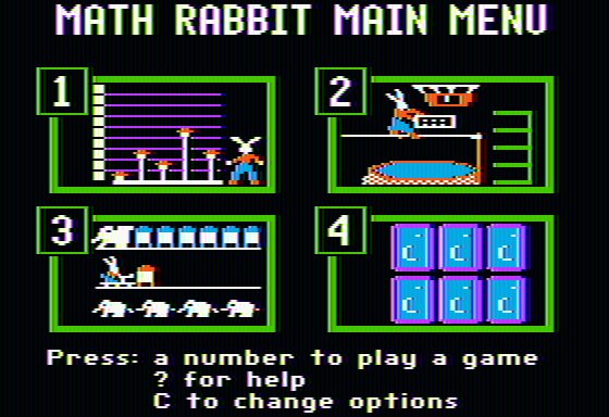 Math Rabbit (Apple II) screenshot: Main menu