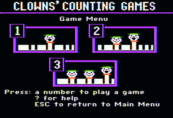 Math Rabbit (Apple II) screenshot: In Clown's Counting Games, there are 3 game types to choose from.