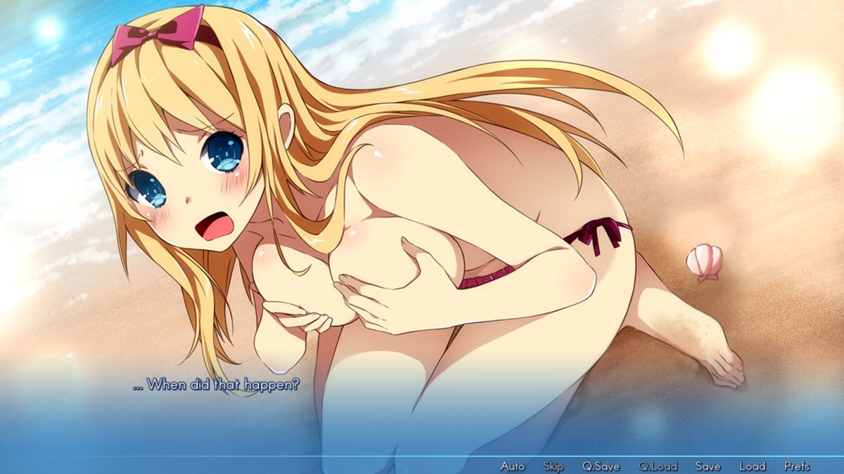 Sakura Beach (Windows) screenshot: Her bathing suit also came loose. I think they're pranking each other