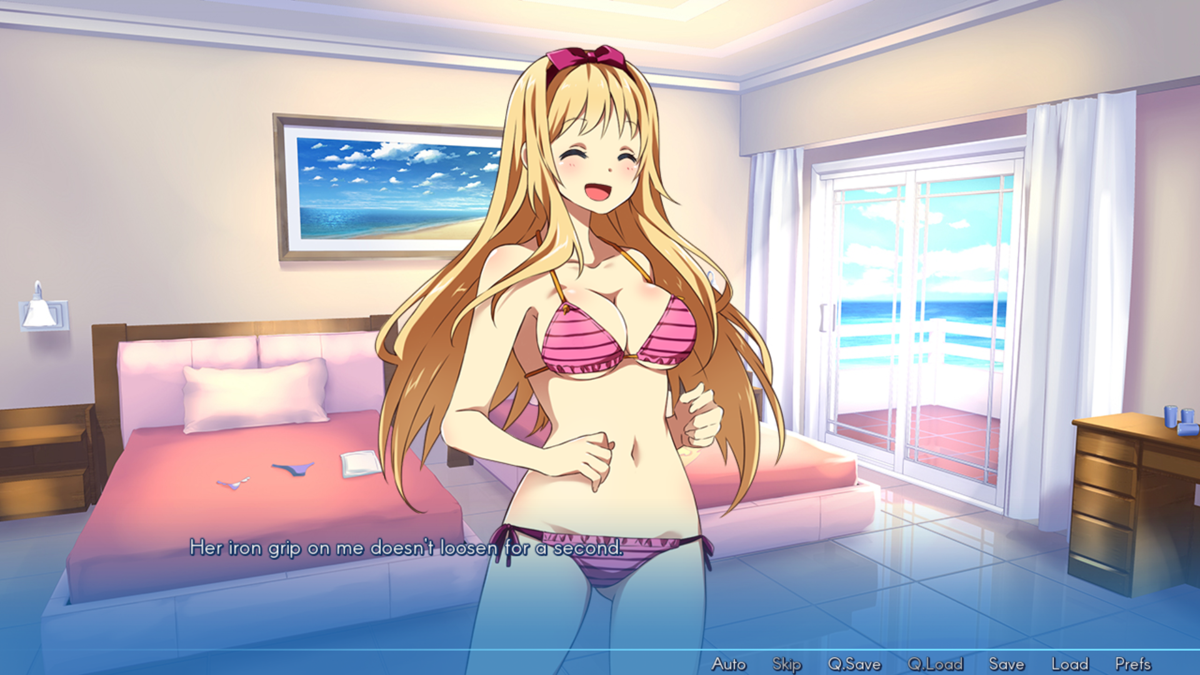 Sakura Beach (Windows) screenshot: After a quick dip in the sea it turned out to be extremely cold. So Momoko insisted on nursing me back to health. She took me back to the hotel and put me in bed