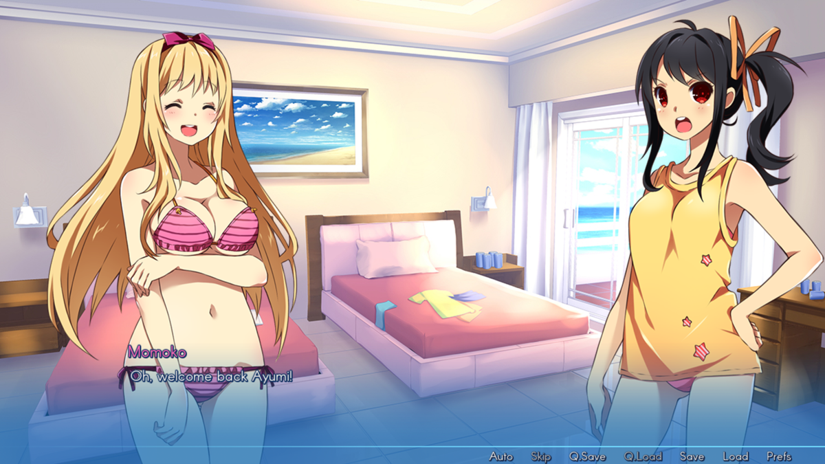 Sakura Beach (Windows) screenshot: It seems Ayumi wasn't very fond of me and Momoko lying in bed together