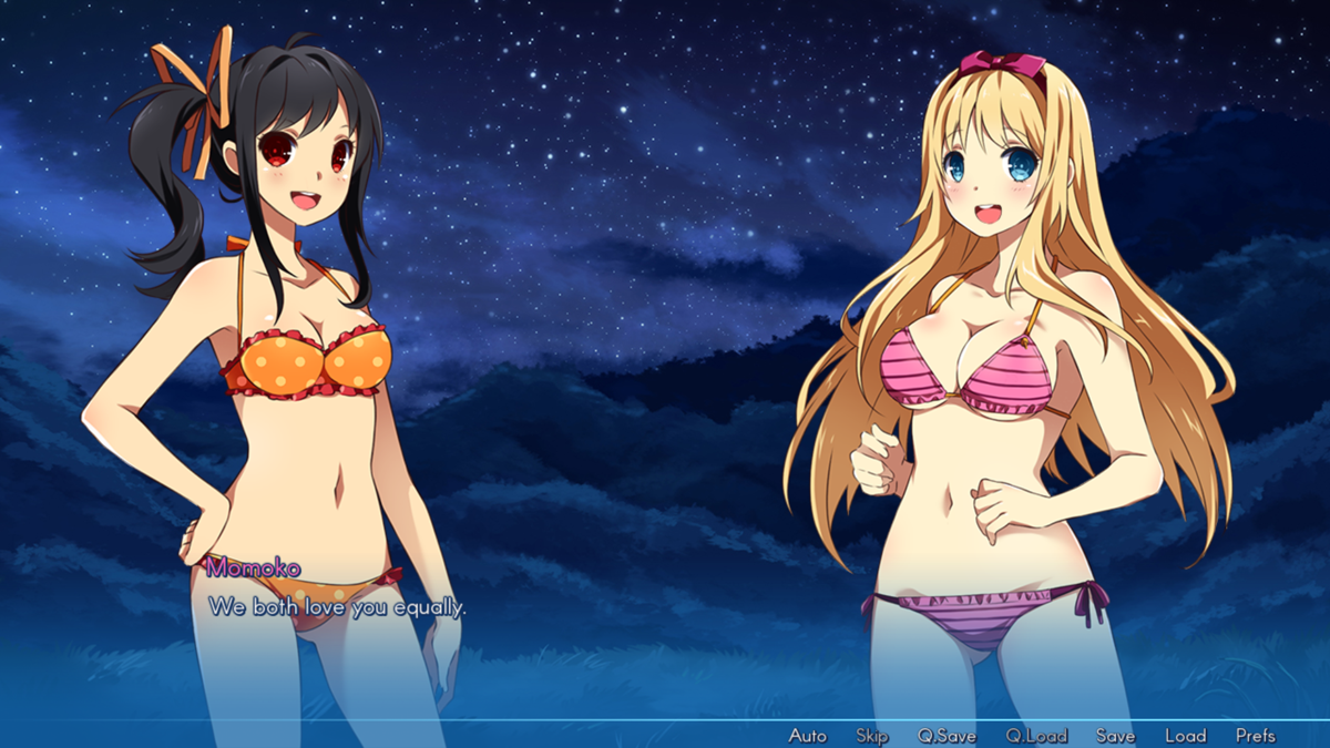 Sakura Beach (Windows) screenshot: They decided they both love me equally and they are willing to share. Having expressed my feelings, i'm now in a relationship with both girls