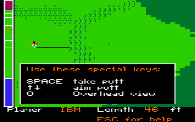 Mean 18 (DOS) screenshot: About Help on Practice Green (CGA with Composite)