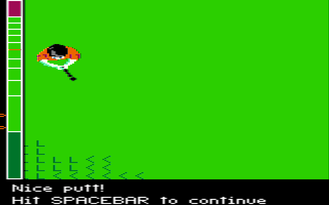 Mean 18 (DOS) screenshot: Nice putt! on Practice Tea (CGA with Composite)