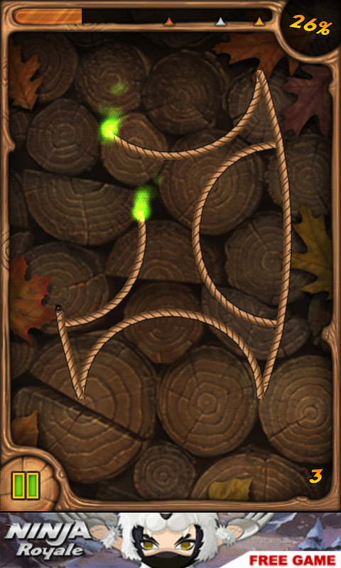 Burn the Rope (Android) screenshot: A puzzle with coloured flames and a more complex pattern (Free-to-play version)