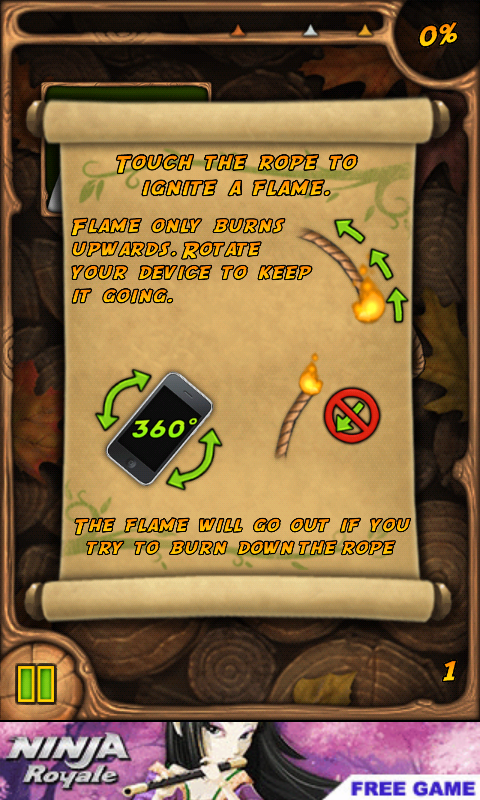 Burn the Rope (Android) screenshot: Explanation of the controls