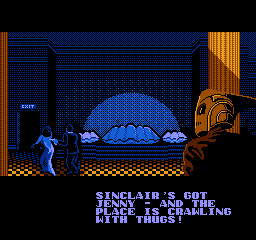 The Rocketeer (NES) screenshot: Sinclair has got Jenny.