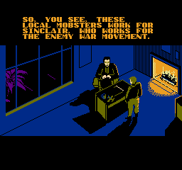 The Rocketeer (NES) screenshot: Cliff meets with Howard Hughes and learns of Sinclair's connection with "the enemy movement" - That's censored NES talk for Nazis!