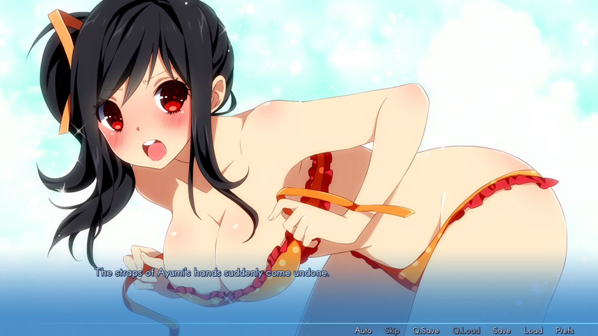 Sakura Beach 2 (Windows) screenshot: After Ayumi storms of, I chase her. Whilst talking on the beach it seems her bikini came loose again
