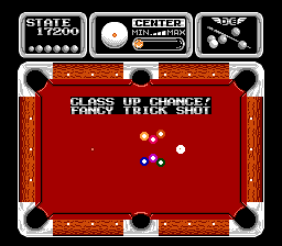 Side Pocket (NES) screenshot: Starting from City class you need to do the extra trick (only 1 try) after beating a level, or replay the level if you fail