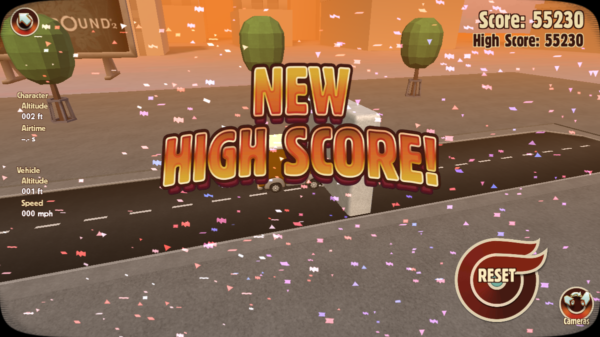Turbo Dismount (Android) screenshot: Dismount complete! (With a new high score, too!)