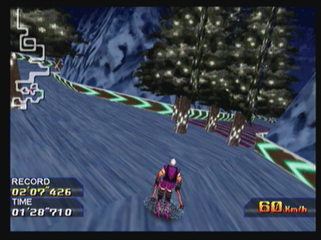 Alpine Racer (Zeebo) screenshot: Some shortcuts can be of difficult access, like this one, blocked by trees.