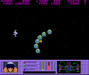Spinworld (Amiga) screenshot: The first enemy group attacks.