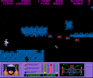 Spinworld (Amiga) screenshot: Another enemy attack wave.