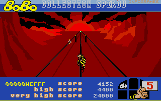 Stir Crazy featuring BoBo (Amiga) screenshot: Event five involves climbing on power lines.