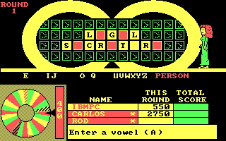 Wheel of Fortune: New Second Edition (DOS) screenshot: Enter a vowel 'A'
