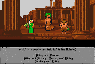 Powerplay: The Game of the Gods (Amiga) screenshot: Medusa judges the trivia challenge!