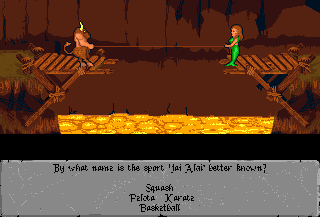 Powerplay: The Game of the Gods (Amiga) screenshot: Tug of war trivia challenge.