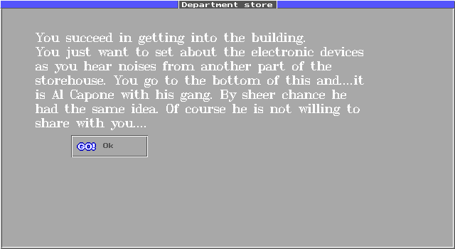 Crime Fighter (DOS) screenshot: There are multiple results to every action. Here, my brilliant break-in scheme is thwarted