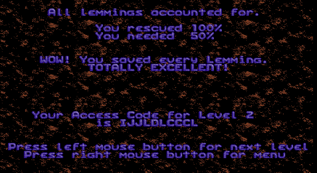 Xmas Lemmings (DOS) screenshot: Passed the first level.