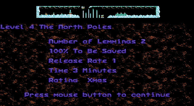 Xmas Lemmings (DOS) screenshot: Level 4 intro.