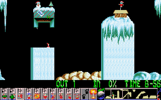 Xmas Lemmings (DOS) screenshot: Level 3 - start of level.