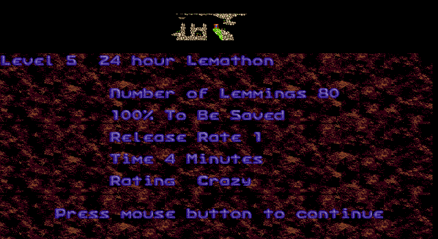 Oh No! More Lemmings (DOS) screenshot: Crazy - Level 5 - 24 Hour Lemathon