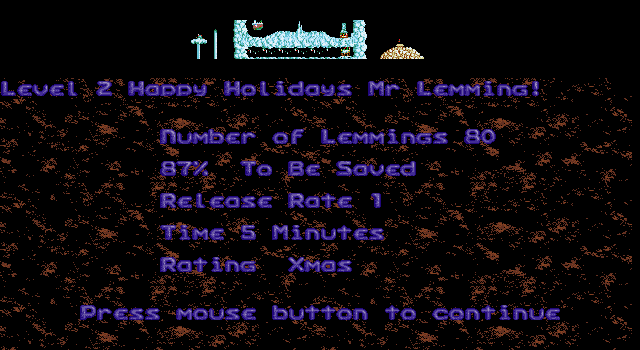 Xmas Lemmings (DOS) screenshot: Level 2 Introduction.