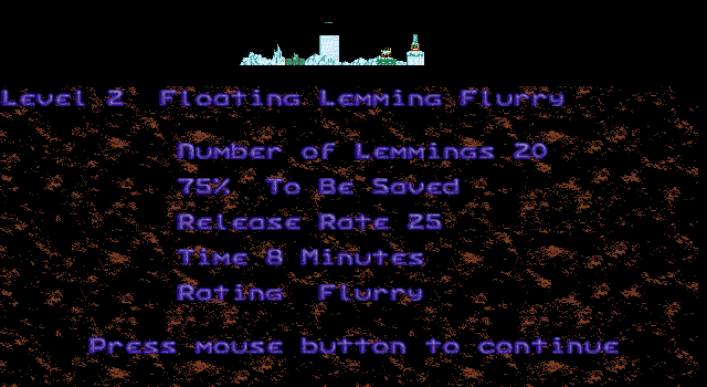 Holiday Lemmings (DOS) screenshot: Holiday '93 - Flurry - Level 2 Intro