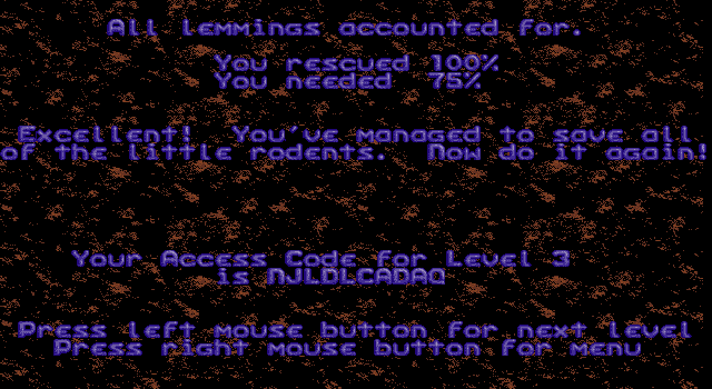 Holiday Lemmings (DOS) screenshot: Passed a level.