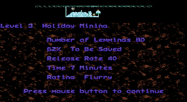 Holiday Lemmings (DOS) screenshot: Holiday '93 - Flurry - Level 3 Intro - Holiday Mining