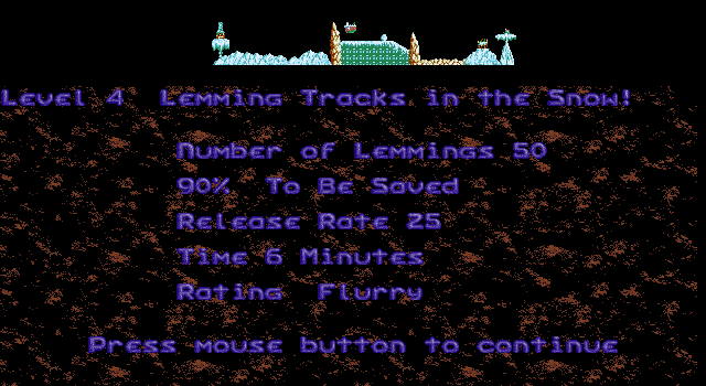 Holiday Lemmings (DOS) screenshot: Holiday '93 - Flurry - Level 4 - Lemming Tracks in the Snow