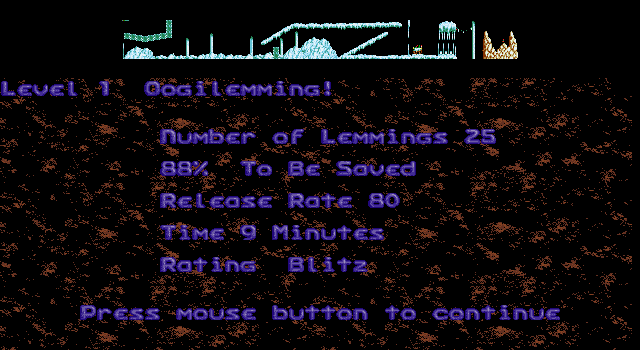 Holiday Lemmings (DOS) screenshot: Holiday '93 - Blitz - Level 1 intro