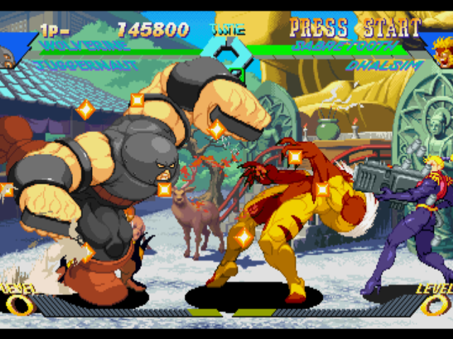 X-Men vs. Street Fighter (PlayStation) screenshot: Wolverine's Variable Counter was the responsible by Sabretooth's Hyper Birdie Blast hit-dismantle...