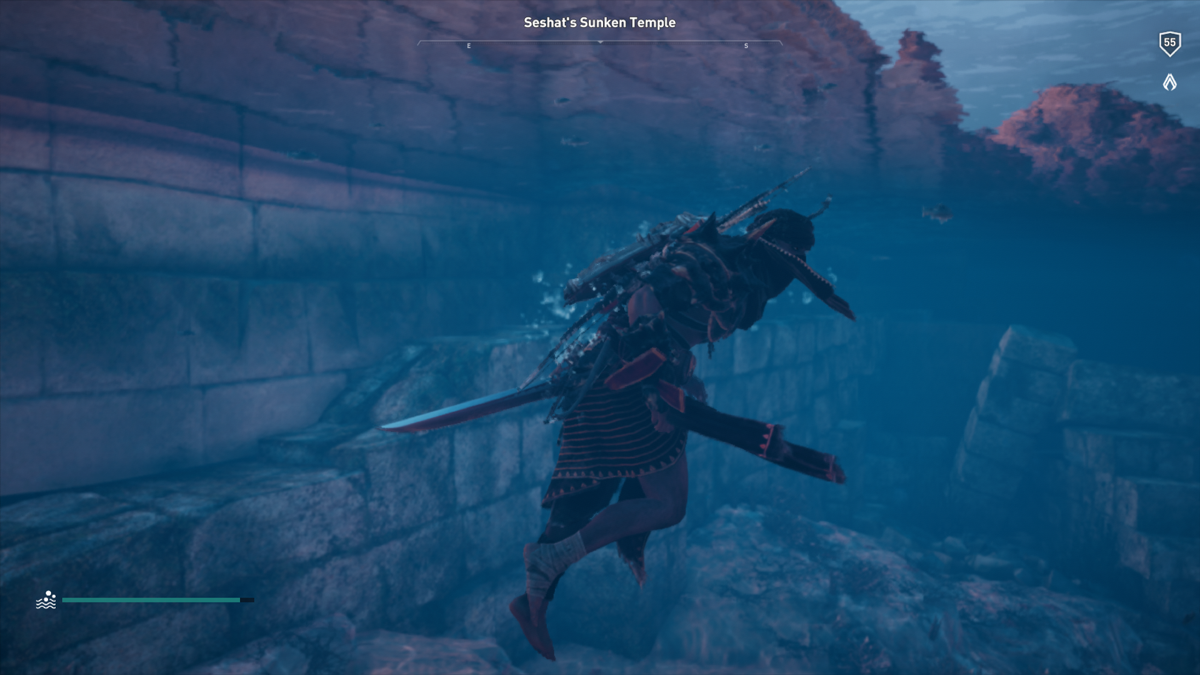 Assassin's Creed: Origins - The Hidden Ones (Xbox One) screenshot: Swimming under water near a half sunken temple