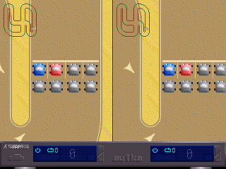 Autka (DOS) screenshot: 2-player split-screen