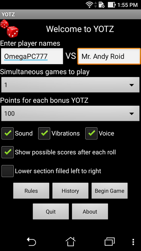 YOTZ (Android) screenshot: Main menu