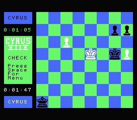 Cyrus II Chess (MSX) screenshot: A black pawn has made it to the opposite side of the board and is now a queen.