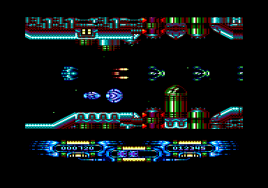 Edge Grinder (Amstrad CPC) screenshot: Blasting at the enemies