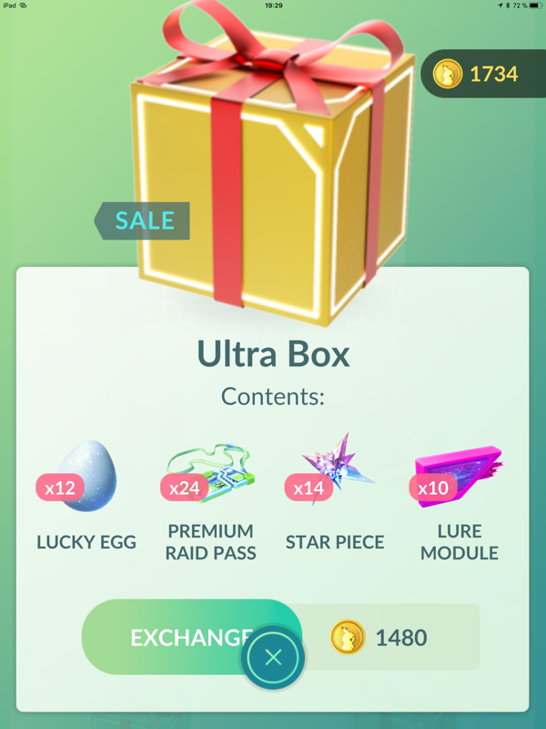 Pokémon GO (iPad) screenshot: This looks like a good deal. You should save your PokéCoins for special event boxes.