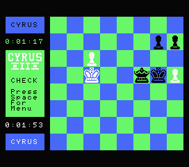 Cyrus II Chess (MSX) screenshot: The white king is in check.