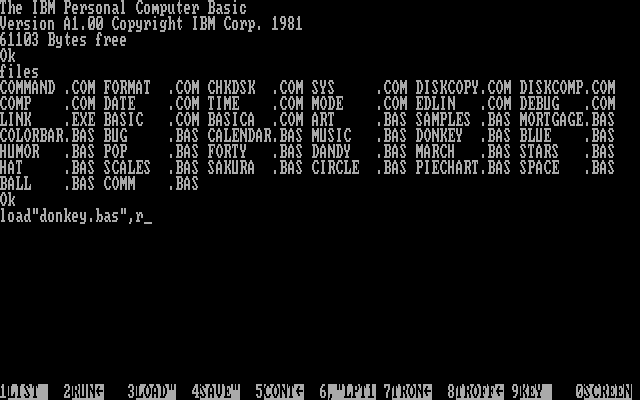 PC-DOS (included game) (DOS) screenshot: File list of "DONKEY.BAS" on BASIC A1.00, Load"DONKEY.BAS",r