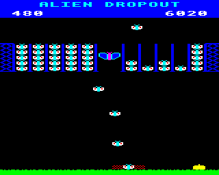 Alien Dropout (BBC Micro) screenshot: Enemies hitting the ground with a bang