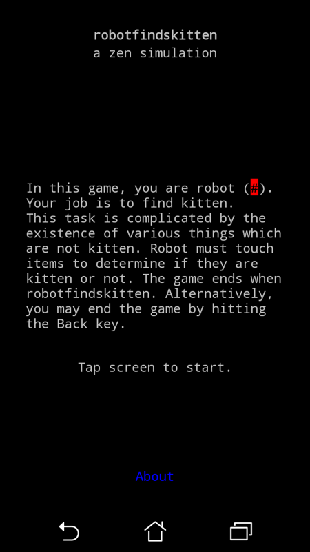 robotfindskitten (Android) screenshot: Title screen