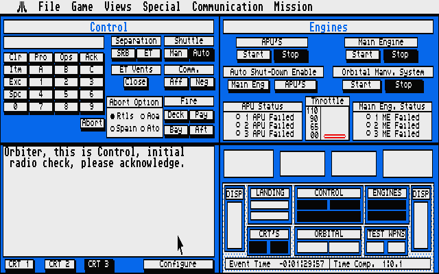 Orbiter (Atari ST) screenshot: Control to the left and engines to the right