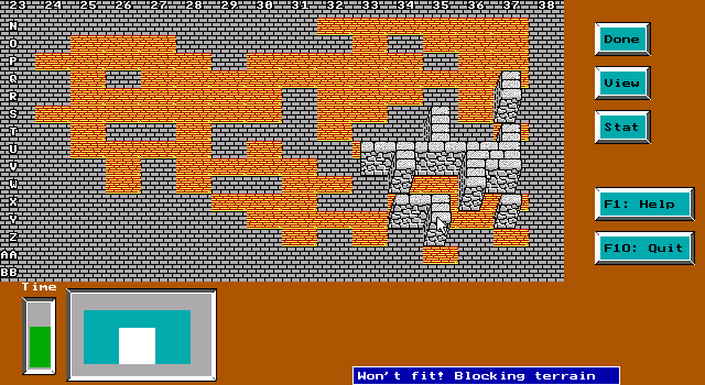 Towers (DOS) screenshot: When blocks don't fit, you get a blue warning at the bottom of the screen; and have to wait for it to go away before trying to place the block somewhere else.